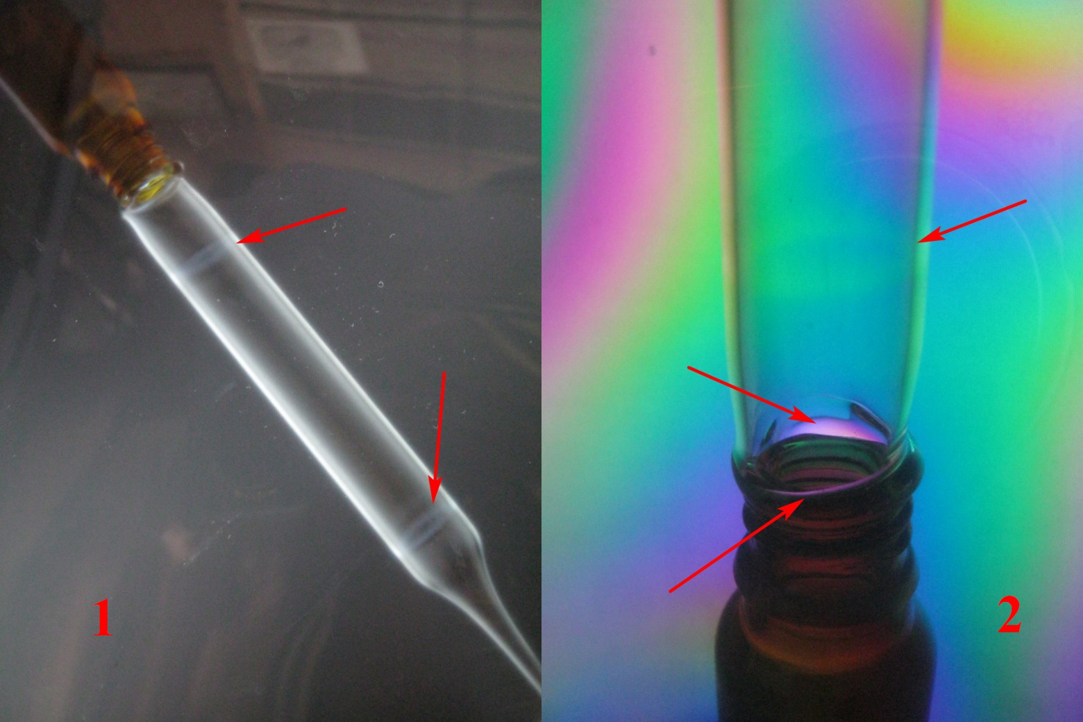 Фото 4.20. Спай, а точнее — две слеплённых стеклянных детали, в поляризованном свете, через две разные поляризационные плёнки. Ч/б вариант №1 — хорошо видно два характерных колечка внутренних напряжений на границе нагрева трубки; цветной вариант №2 — колечко едва видно, зато лучше выделяются натяжения на границе двух стёкол. Они могли возникнуть не только от несовпадения КТР, но и из-за разной толщины стекла и быстрого охлаждения. Напряжения должны разгладиться или существенно уменьшится после полного печного отжига