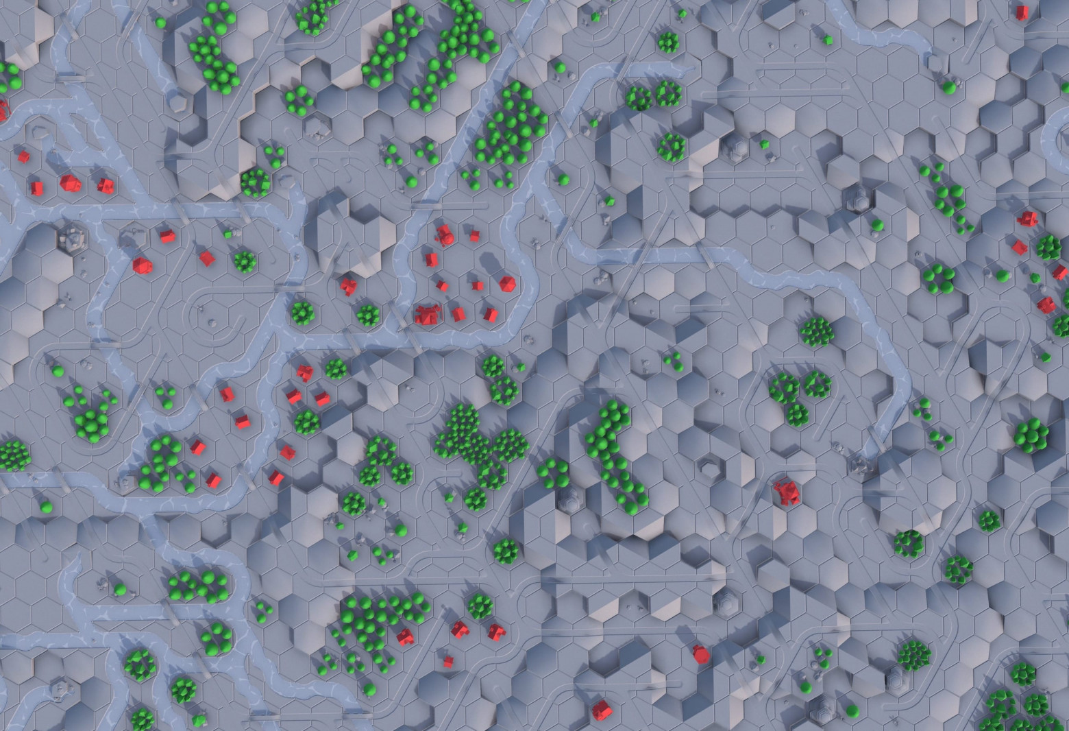 Village with clustered buildings and surrounding forests