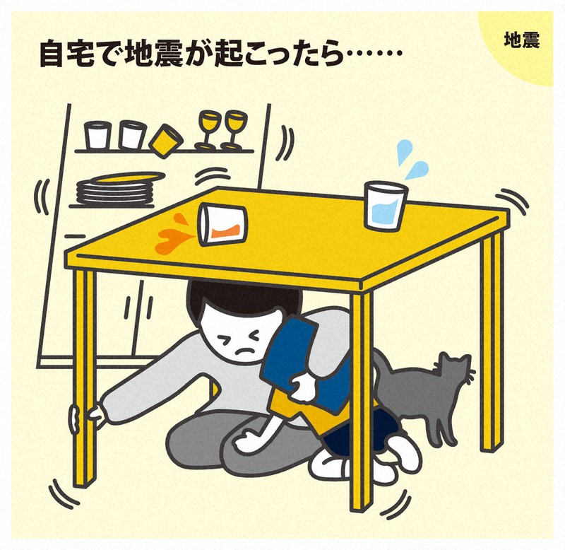  Японские инструкции по безопасности в случае землетрясения обычно требуют укрыться под чем-то (например, столом), чтобы уберечься от падающих предметов. Источник: https://cdn.mainichi.jp/vol1/2022/08/03/20220803k0000m040021000p/9.jpg?1 