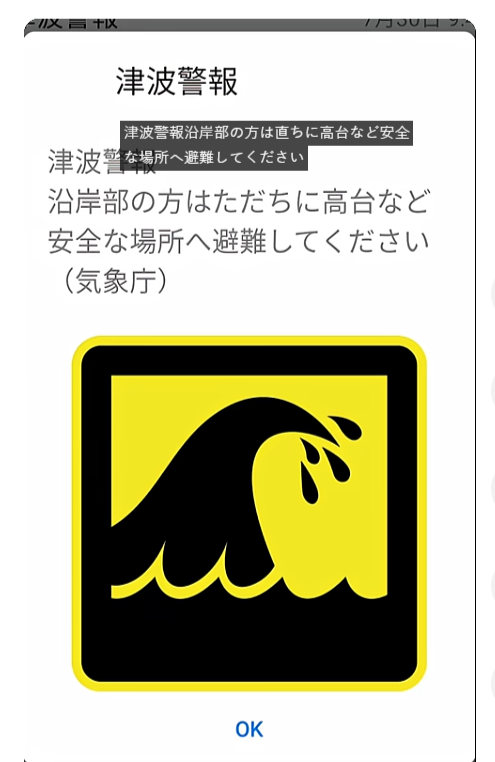 Пример оповещения о цунами. Для наглядности оповещения на телефоне снабжены картинкой. Источник: https://www.youtube.com/shorts/dH30cjSv7Ao?feature=share
