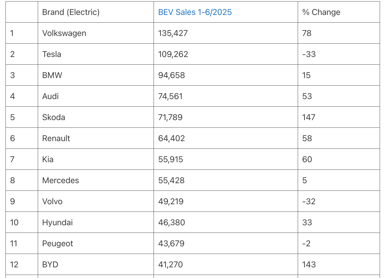 Топ-12 самых продаваемых марок электромобилей в Европе за первое полугодие 2025 года. Источник 