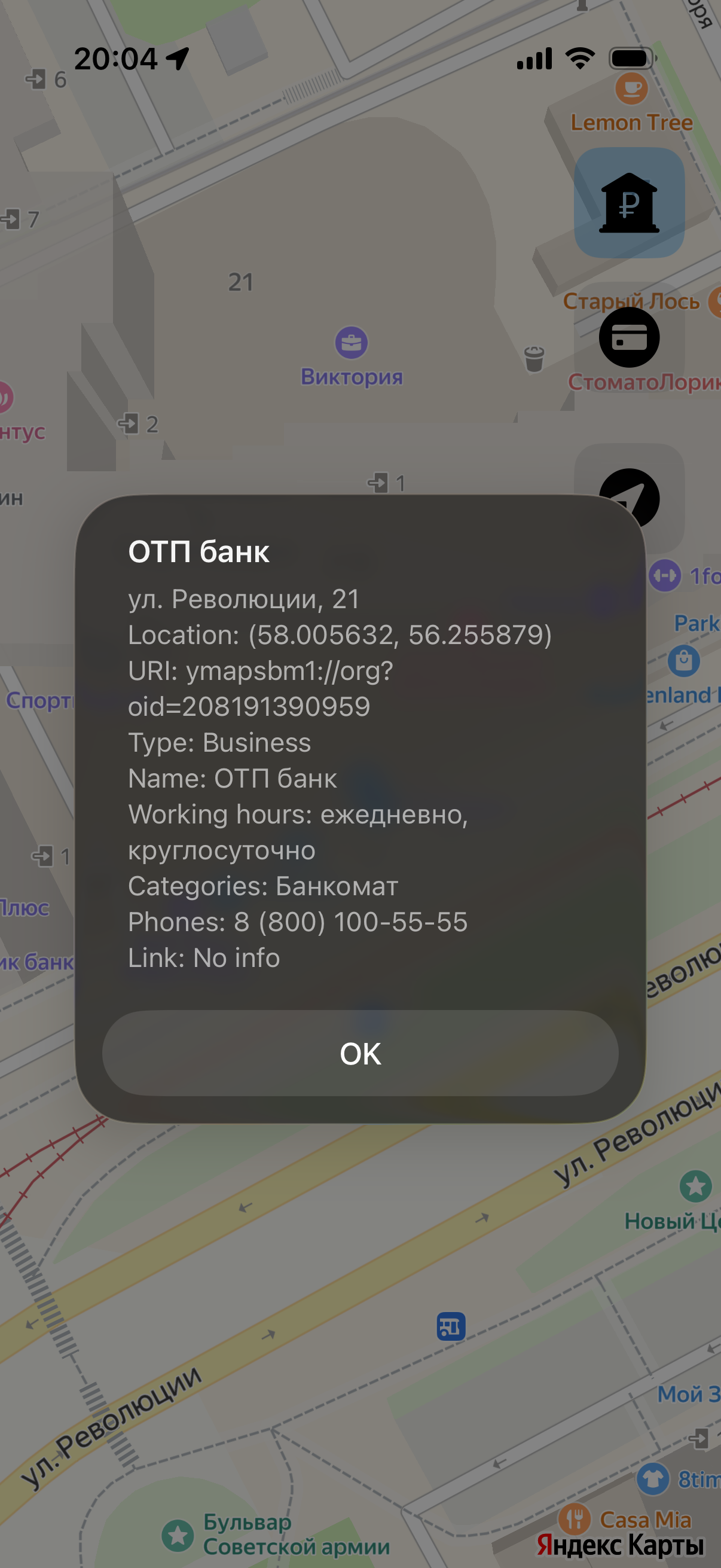 Вывод информации о кастомной точке