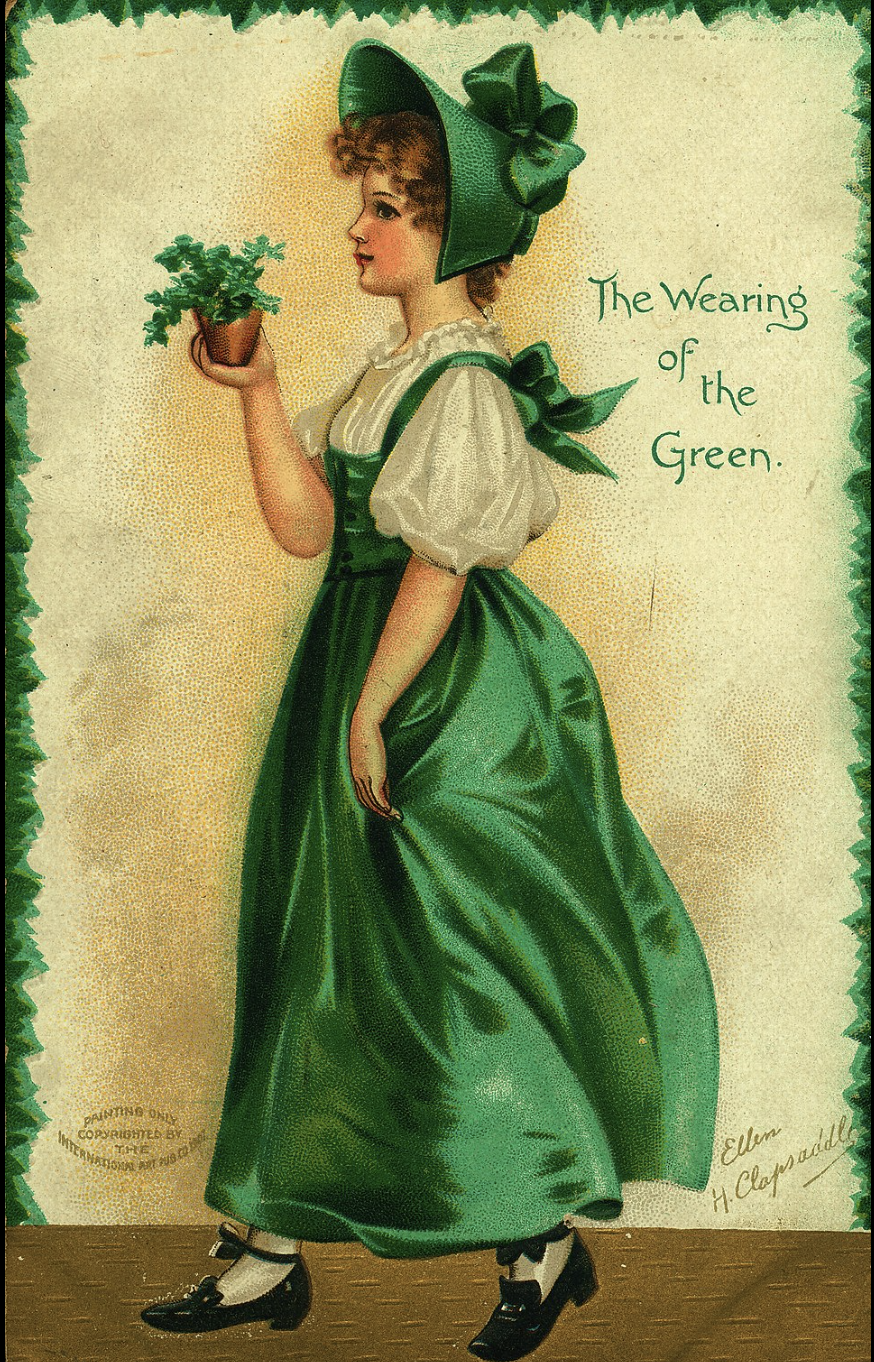 Открытка 1907 года, где фраза the wearing of the green — это строчка из песни о казненных участниках Ирландского восстания 1798 года