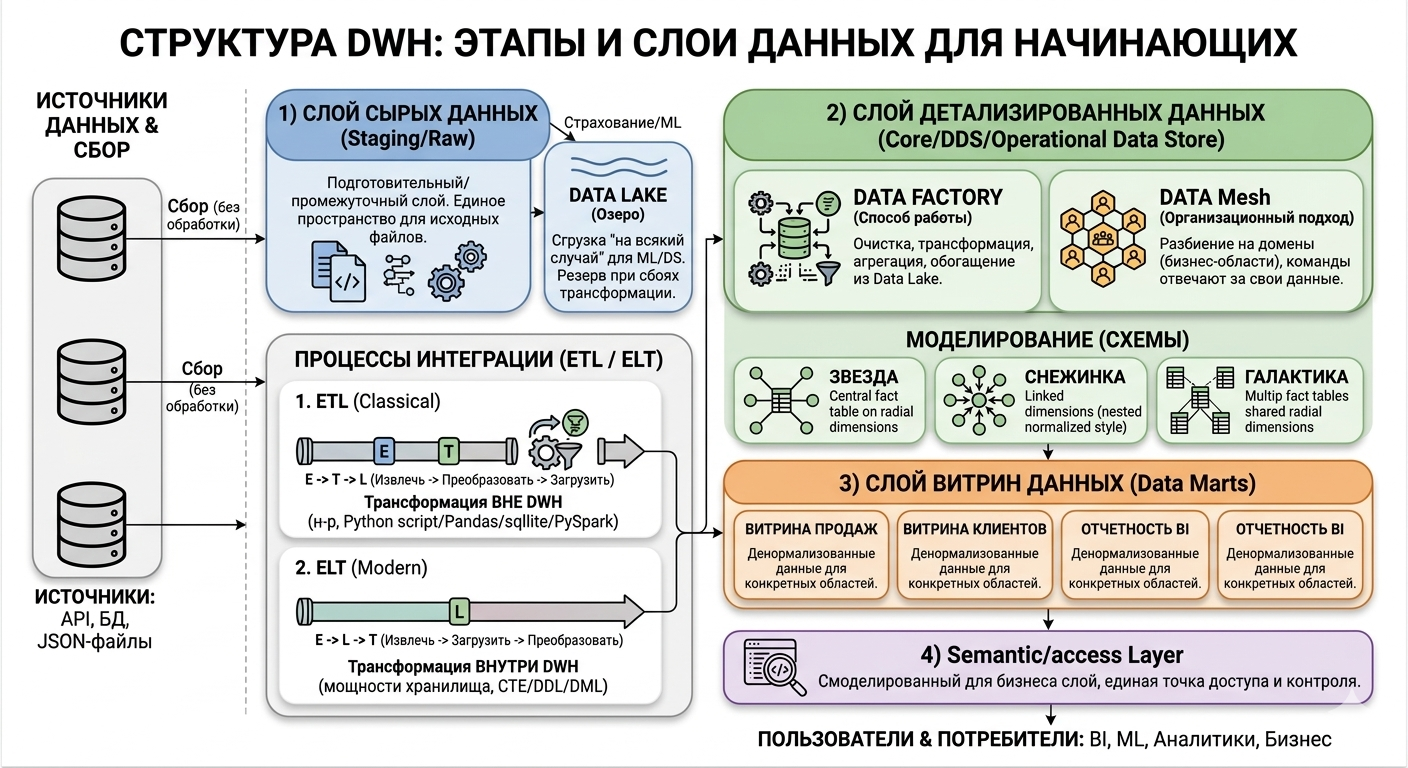 Основные слои данных в хранилище, которые мы подробнее рассмотрим ниже