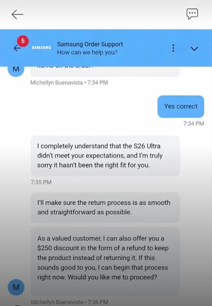 Владельцы Galaxy S26 Ultra в США сообщают, что Samsung готова платить пользователям до 250 долларов, лишь бы они не отказывались от смартфона - 2 Владельцы Galaxy S26 Ultra в США сообщают, что Samsung готова платить пользователям до 250 долларов, лишь бы они не отказывались от смартфона - 2