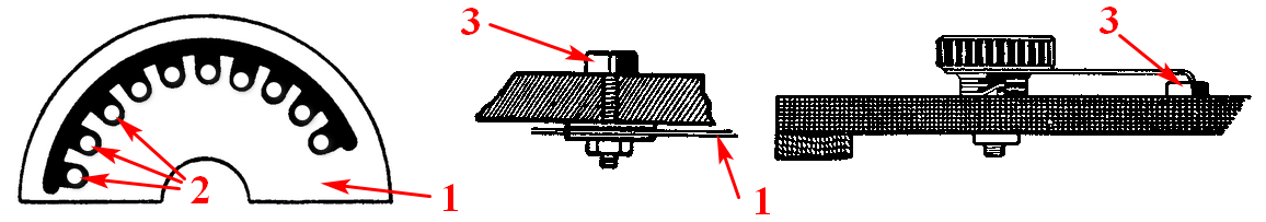Рис. 2.6. Высокоомный ступенчатый переменный резистор небольшой мощности мог быть устроен и на основе бумажного элемента с тушью [5] — последний изготовлялся сложной формы (1), в центре каждого выступа резистивного слоя делалось отверстие (2), через них пропускали выводы контактов (3) многопозиционного переключателя. Для умощнения или снижения сопротивления, влажный слой туши присыпали графитом, соскобленным лезвием бритвы с грифеля простого карандаша
