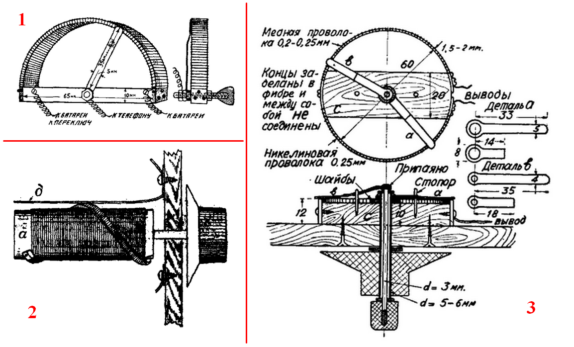 Рис. 2.9. Проволоку для реостатов накала брали никелиновую — высокоомный и со стабильным сопротивлением сплав меди и никеля. Чаще всего самодельные реостаты более или менее повторяли фабричную конструкцию — намотка на полоске фибры (электрокартона), сформованного в кольцо и снабжённого подпружиненным контактом — ползунком на оси ручки. Встречались, однако, и варианты менее привычные, например: 1 — упрощённый в виде полукольца, судя по назначению выводов — для детектора; 2 — простой цилиндрический — на деревянной или картонной болванке спиралью закреплялась полоска резины или фибры, оттопыривающая проволочную намотку; остальное очевидно; 3 — интересный сложный вариант для весьма точной регулировки с двумя независимыми осями и полуобмотками — грубая из никелина, точная из меди. Пружинный ползунок вырезали из фосфористой бронзы или откованной латуни, для лучшего прижима деталь старались делать составной — длинная нижняя часть, поверх неё — короткая