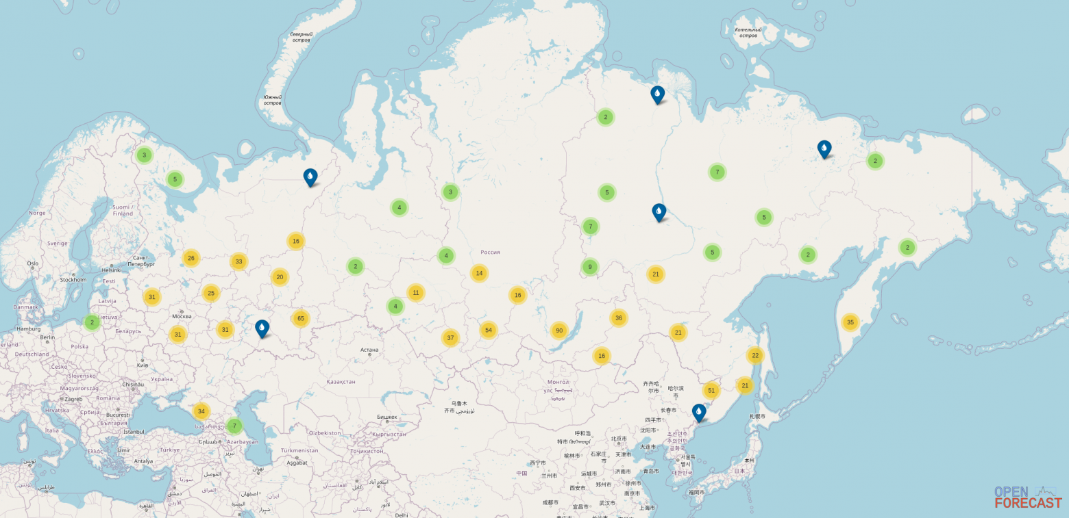 Карта участков рек, для которых доступен прогноз. https://openforecast.github.io/map