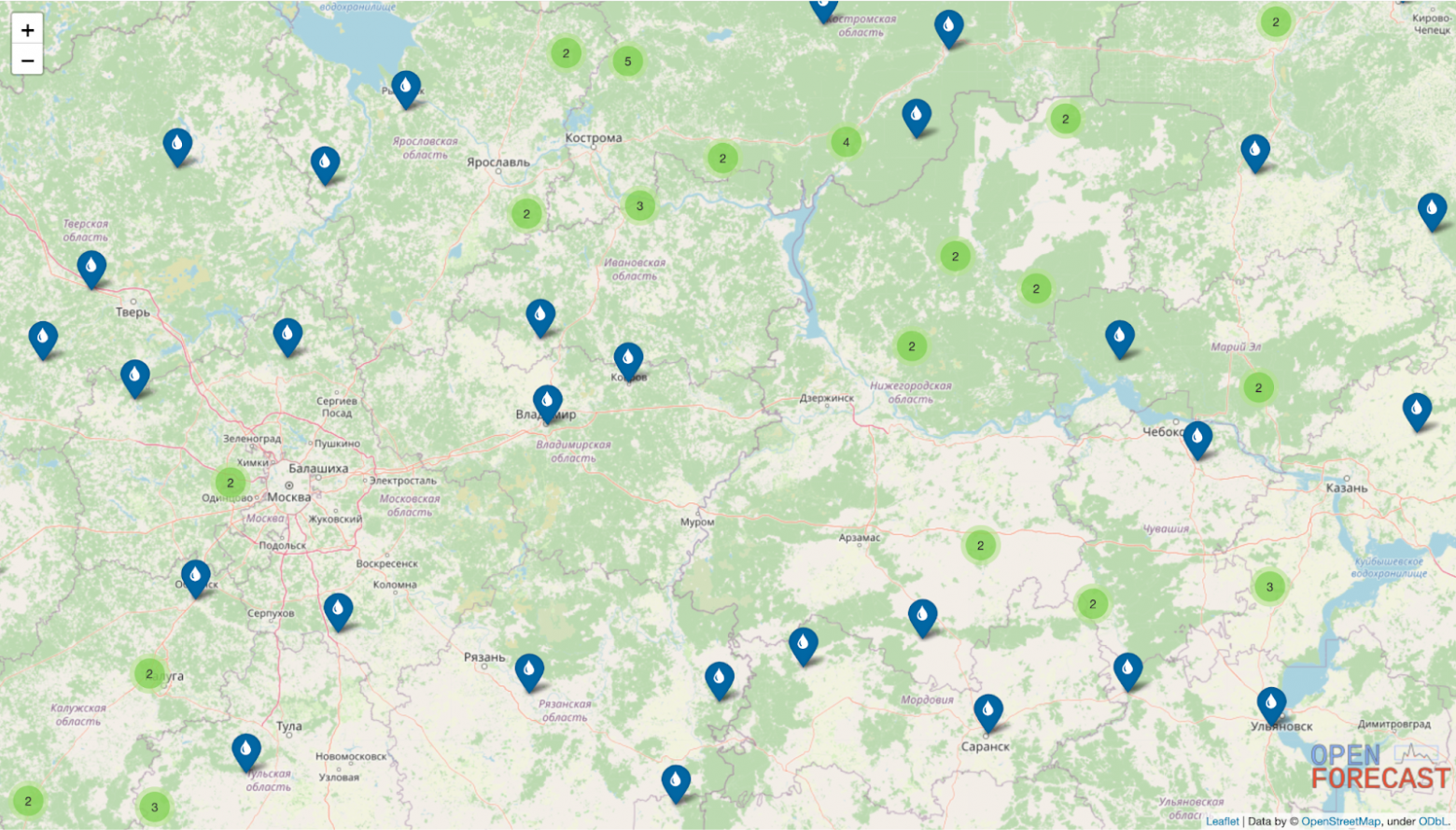 Главная страница проекта с участками рек для которых доступен прогноз. https://openforecast.github.io