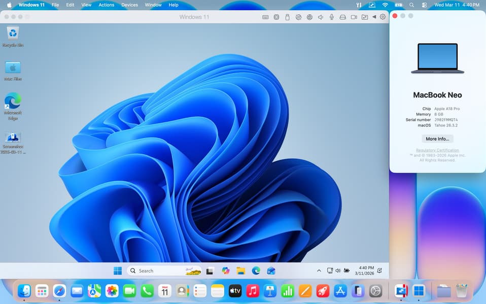Windows 11 на MacBook Neo работает достаточно неплохо. Разработчики Parallels сравнили новинку Apple с ноутбуком на Core Ultra 5 235U - 1