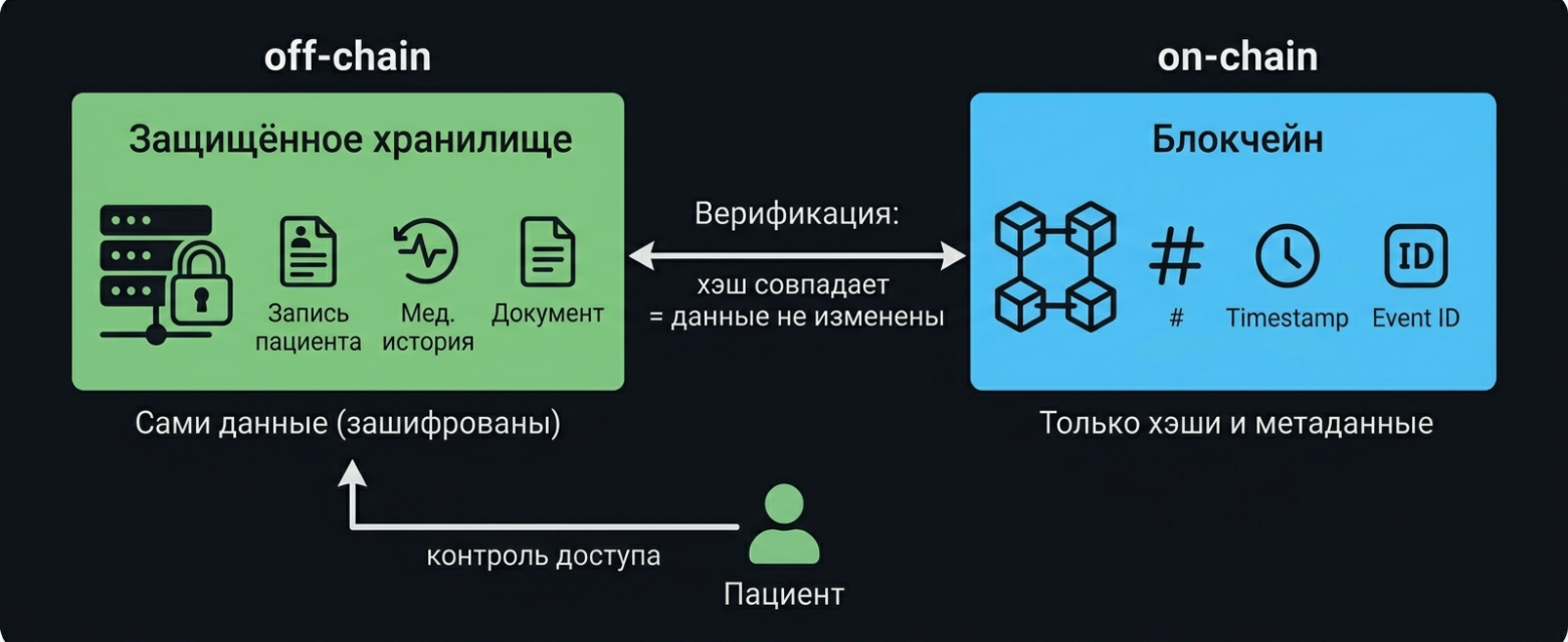 Слева расположен зеленый блок — это защищенное хранилище вне блокчейна, где находятся сами зашифрованные медицинские документы (карты, история болезни), доступ к которым контролирует пациент. Справа находится синий блок, представляющий блокчейн, в который записываются только уникальные цифровые отпечатки (хэши) этих документов и метаданные. Стрелка в центре показывает процесс верификации: система сравнивает хэш из блокчейна с хэшем файла из хранилища, и если они совпадают, это гарантирует, что данные не были изменены.