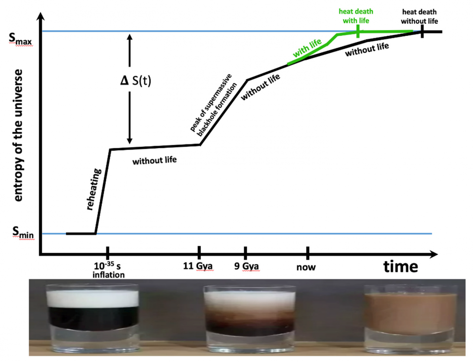Вселенная с жизнью (зеленая линия) достигает тепловой смерти (Smax) раньше, чем Вселенная без жизни. По мере приближения Вселенной к тепловой смерти остаётся меньше градиентов, которые могут поддерживать формы жизни или абиотические источники производства энтропии. Для обеих линий (зелёной и черной), наклон dS/dt → 0 по мере приближения Вселенной к тепловой смерти. Внизу: сравнение производства энтропии во Вселенной и кофе со сливками. Вселенная начинается с низкой энтропии (несмешанные сливки и кофе). Затем градиенты концентрации, температуры и кинетики между сливками и кофе создают сложную смесь конвективных вихрей, которые перемешивают сливки и кофе, тем самым устраняя градиенты. Когда эти градиенты исчезают, мы имеем равновесие или тепловую смерть, в которой нет градиентов.