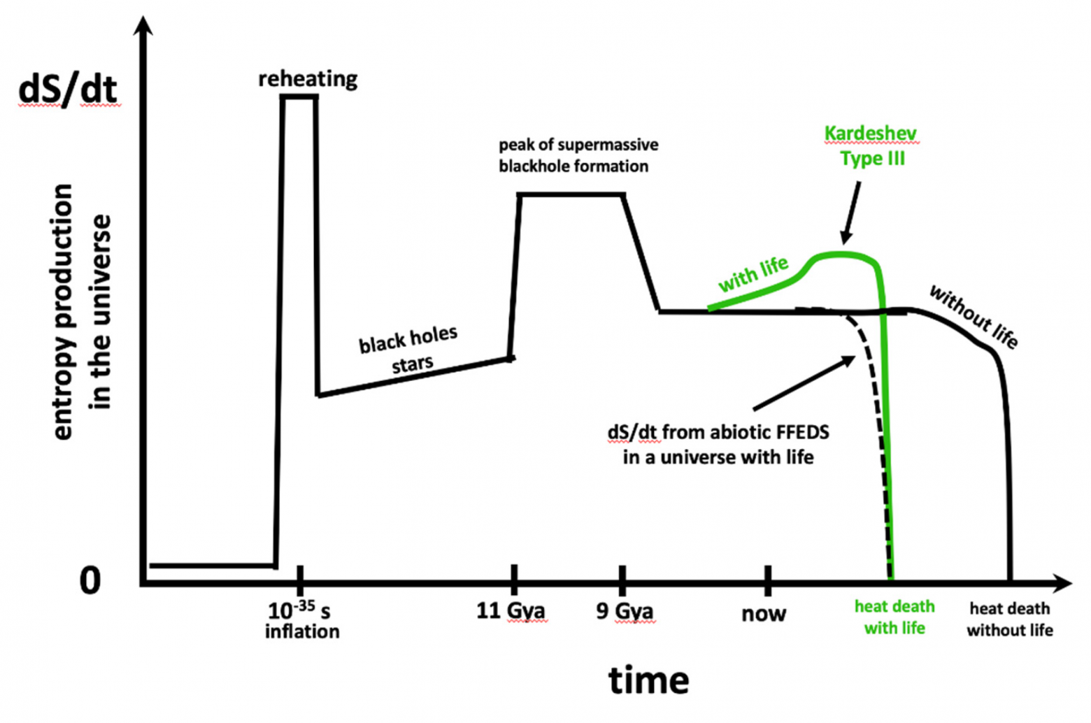 График динамики производства энтропии во Вселенной. Здесь наблюдаются подъёмы и спады, связанные с повторным нагревом после инфляции, а также с образованием звёзд и черных дыр. В соответствии со 2-м законом термодинамики, dS/dt ≥ 0 везде на этом графике. Во Вселенной с жизнью (зёленая линия) первые несколько миллиардов лет биотического производства энтропии наклон зелёной линии увеличивается со временем. Но затем приближение тепловой смерти начинает отключать все источники свободной энергии как для абиотических процессов, так и для любых развитых цивилизаций.  