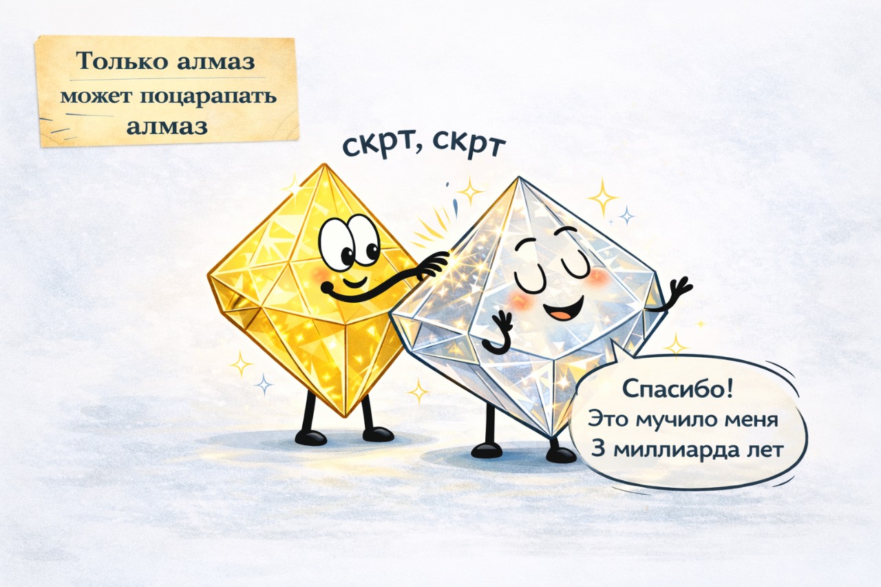 Алмаз — самый твердый природный минерал. По шкале Мооса, его твердость равна 10. Это означает, что поцарапать его может только другой алмаз.