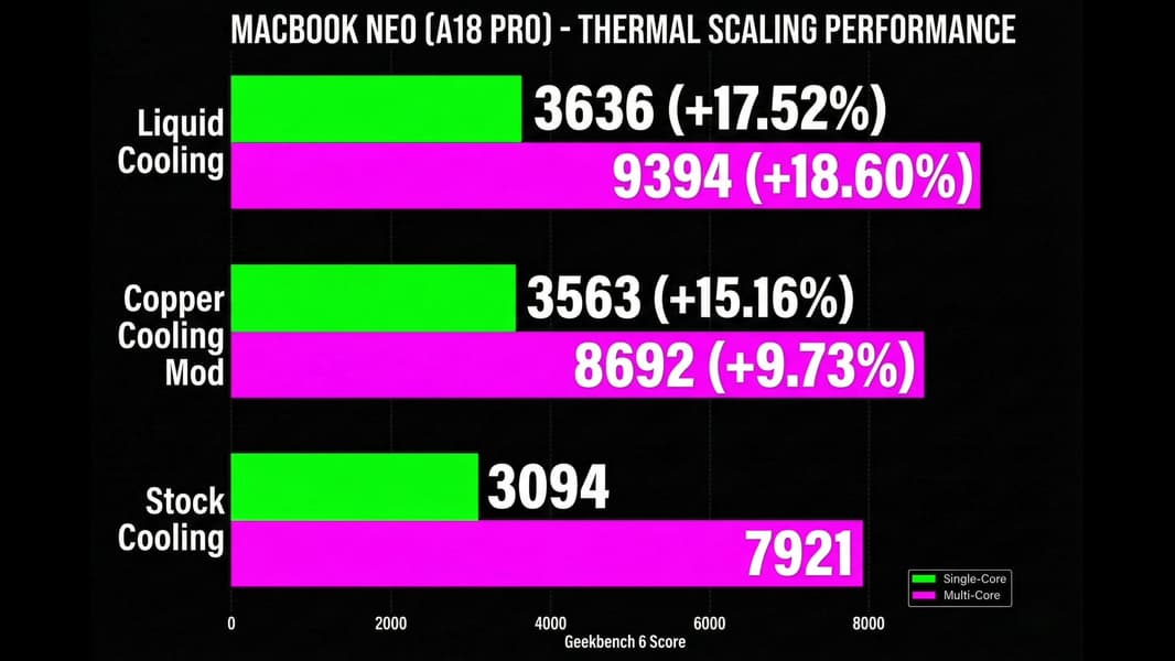 У MacBook Neo чудовищный уровень троттлинга, поэтому модификация системы охлаждения даёт гигантский прирост производительности - 2