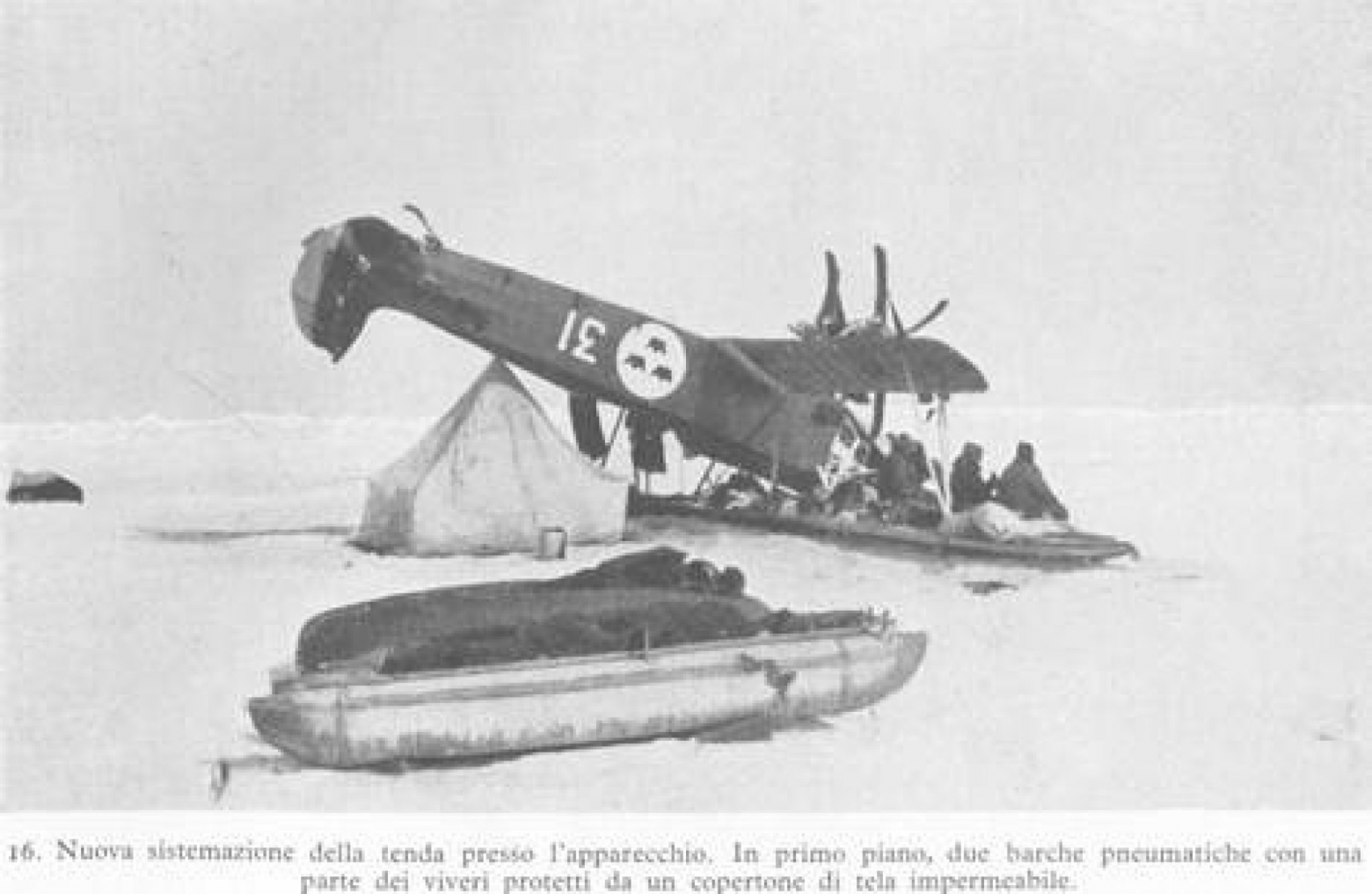 Члены экспедиции «Италии» сидят на крыле перевернувшегося шведского Fokker C.V