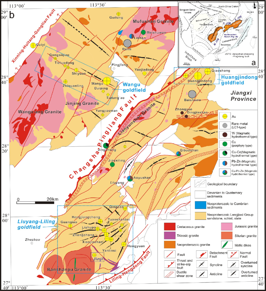 Карта-схема северо-востока провинции Хунань: золоторудное поле Вангу в уезде Пинцзян в пределах металлогенического пояса Цзяннань, одного из важнейших золотоносных районов Китая. На схеме также показаны соседние золоторудные поля, включая Хуанцзиньдун. Источник