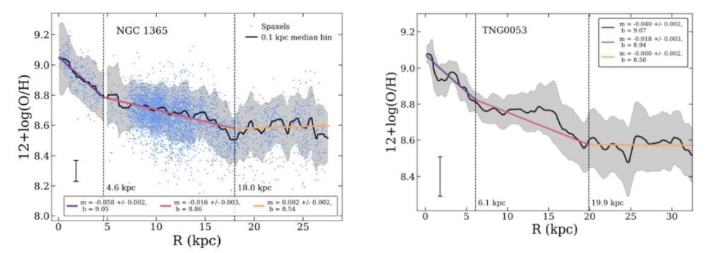 На этих графиках сравниваются значения металличности NGC 1365, полученные на основе содержания кислорода по данным TYPHOON, с аналогичными значениями из модели Illustris TNG0053. «Сплошные чёрные линии показывают медианную металличность в зависимости от радиуса, а заштрихованные области — стандартное отклонение от медианы. Три цветные линии показывают линейные аппроксимации, наилучшим образом подходящие к радиальному градиенту металличности. Вертикальные линии показывают места разрывов в линейных аппроксимациях», — поясняют авторы.