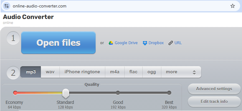 Окно сайта для конвертации аудио файлов