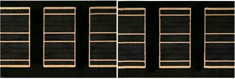 Металлизация сложнее идет в самых маленьких, узких отверстиях. Именно они всегда проверяются на выходном контроле. В данном случае их стенки – идеальные. Ровные, с равномерным слоем металлизации.   