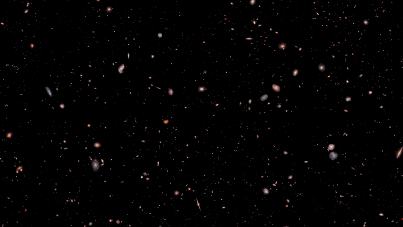 Превзойдя возможности всех предыдущих обсерваторий, включая все наземные телескопы на Земле, а также «Хаббла», телескоп «Уэбб» показал нам самые удалённые галактики во Вселенной из когда-либо обнаруженных. Если присвоить трёхмерные координаты галактикам, которые были достаточно хорошо изучены и измерены, можно создать ролик виртуального «полёта» по Вселенной. Часть именно этого видео и представлена здесь – его сумели сделать благодаря данным CEERS, полученным с помощью «Уэбба». На больших расстояниях чаще встречаются компактные галактики, в которых происходит звездообразование; на меньших расстояниях преобладают более рассеянные, спокойные галактики.