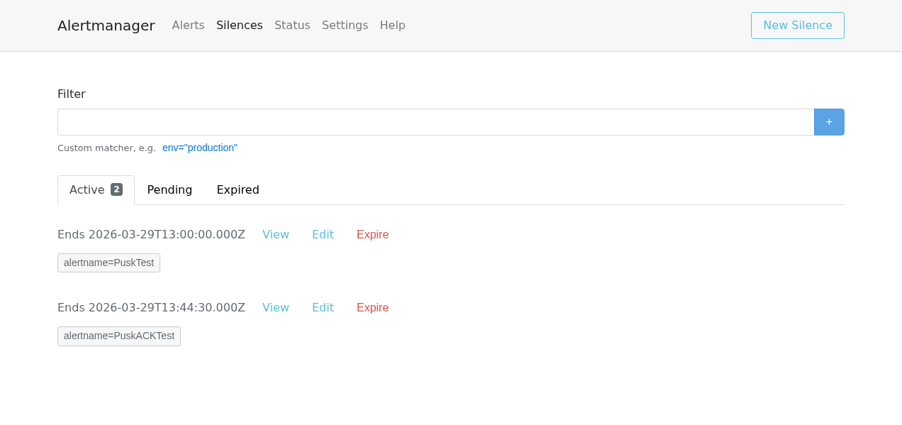 Alertmanager UI: silence создан автоматически при ACK в Pusk