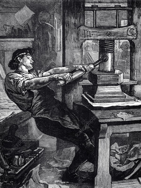 Примерно так мог выглядеть процесс печати на первых печатных станках. Рисунок с сайта www.sciencephoto.com 