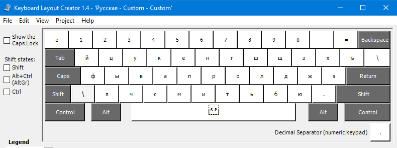Интерфейс ПО Microsoft Keyboard Layout Creator.