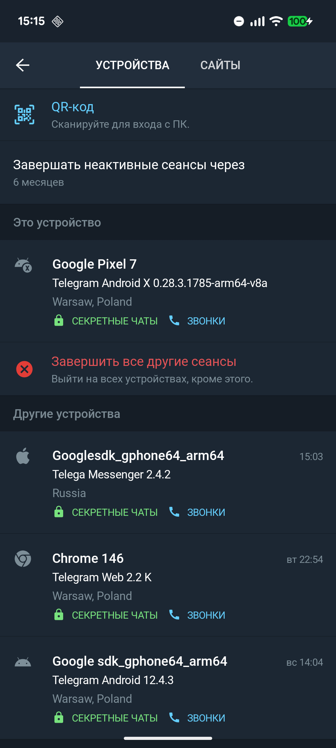 Список активных сессий в Telegram — видна сессия Telega