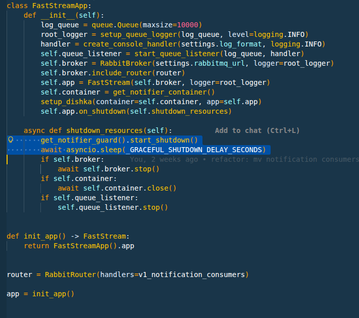 Переводим приложение в режим завершения(is_accepting=False), даём воркерам время закончить текущие задачи и затем корректно останавливаем остальные ресурсы. В примере используется фреймворк Faststream на rabbitmq.