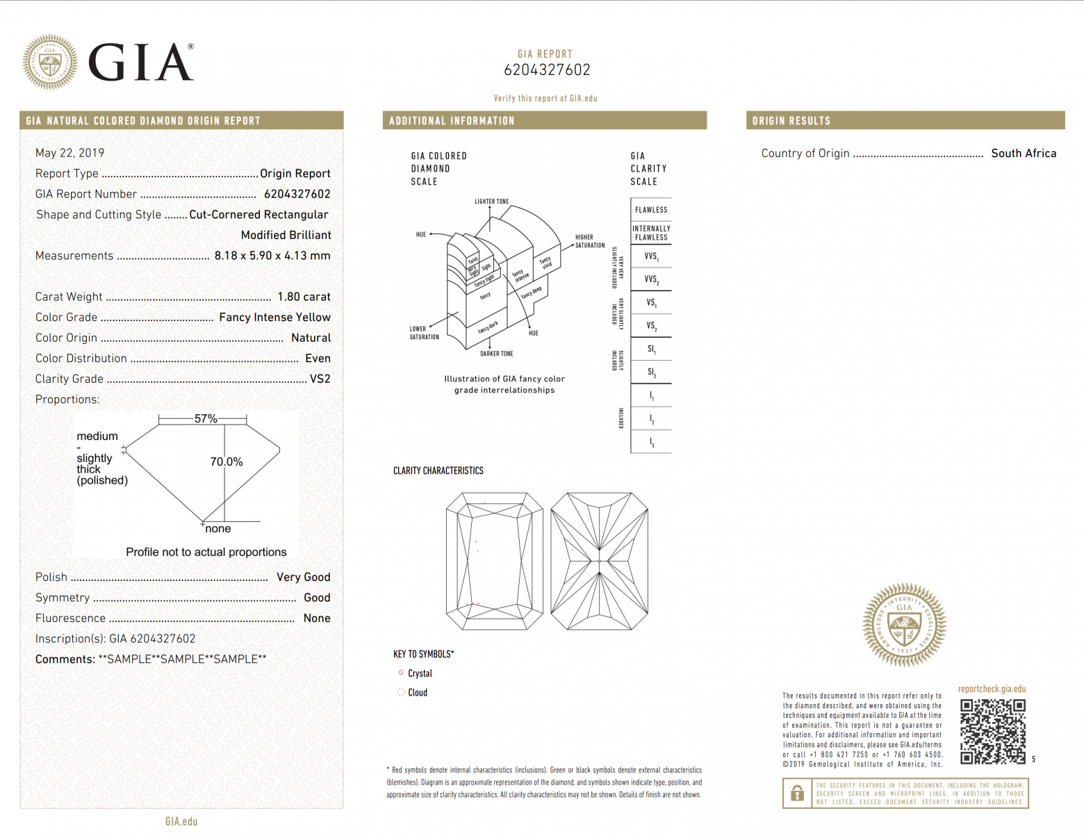 В средней части сертификата есть шкала для оценки цветных бриллиантов. Ниже она же крупнее 