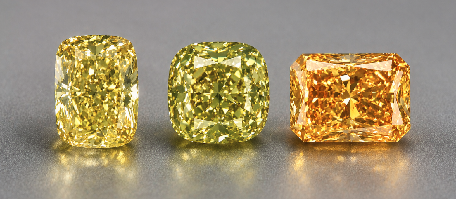 Разные оттенки желтого бриллианта: желтый, желтый с зеленым подтоном и желто-оранжевый.