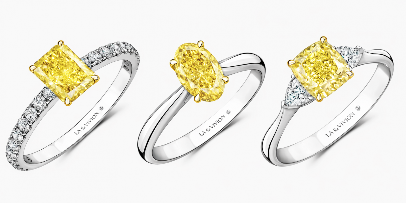 Кольца LA VIVION с желтыми природными бриллиантами в разных огранках: радиант, овал и кушон