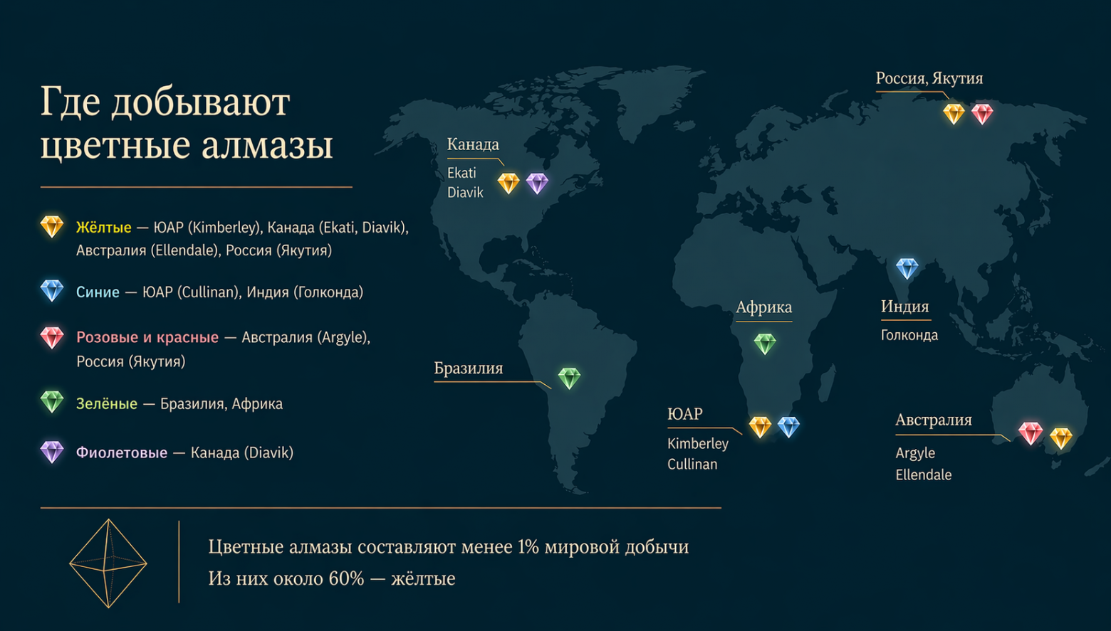 Основные центры добычи цветных алмазов