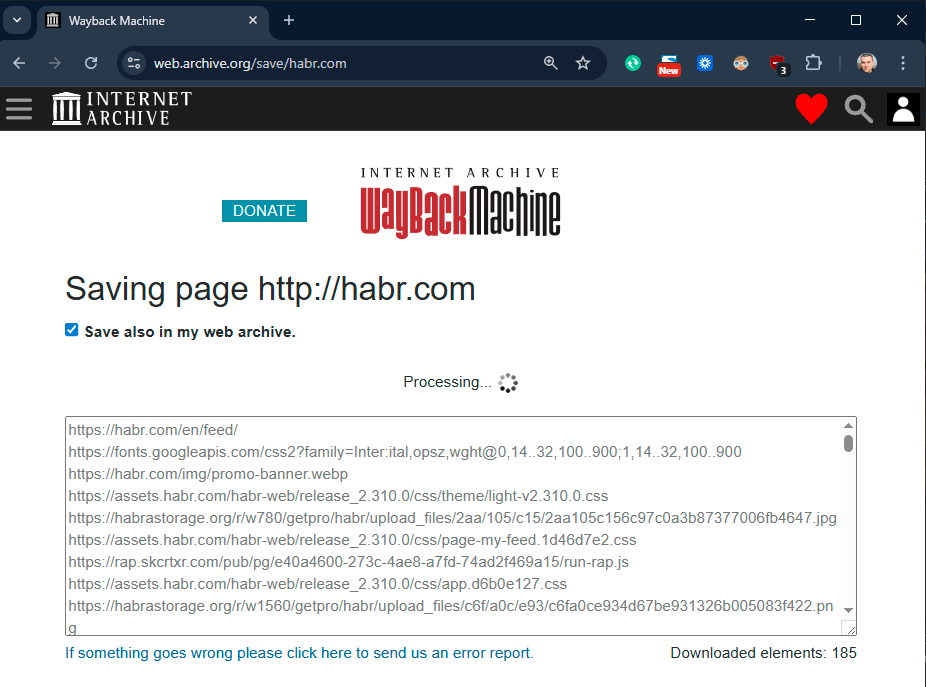 Процесс архивирования главной страницы Хабра на Wayback Machine
