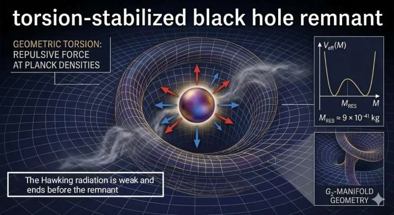Иллюстрация остатка чёрной дыры, стабилизированного торсионным усилием. Геометрическое торсионное усилие создаёт отталкивающую силу (цветные стрелки) при планковских плотностях, останавливая заключительную стадию испарения Хокинга и приводя к образованию микроскопического остатка. Вставка в правом верхнем углу показывает эффективный потенциал Veff(M) с минимумом при массе остатка. Вставка в правом нижнем углу иллюстрирует лежащую в основе геометрию G₂-многообразия.