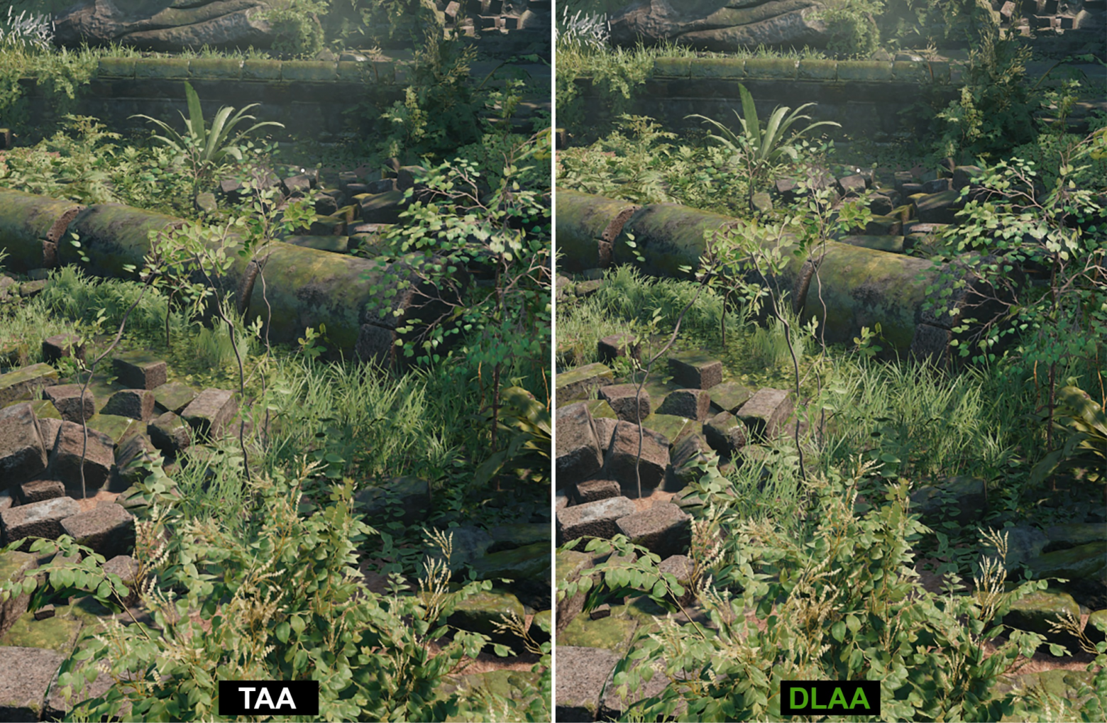 Слева — традиционный метод temporal anti-aliasing (TAA), справа — основанный на ИИ-алгоритмах