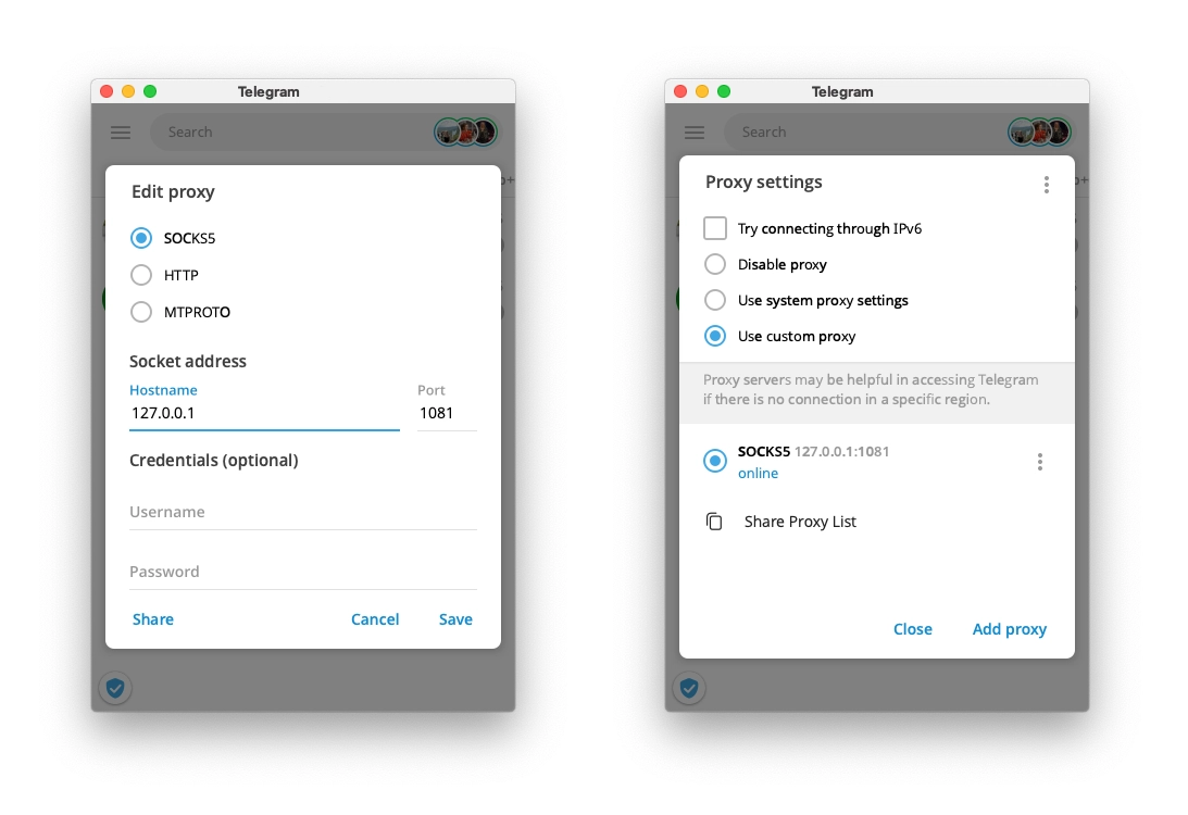Если Telegram не подхватывает системный proxy, его нужно вручную направить на локальный SOCKS5 V2RayXS