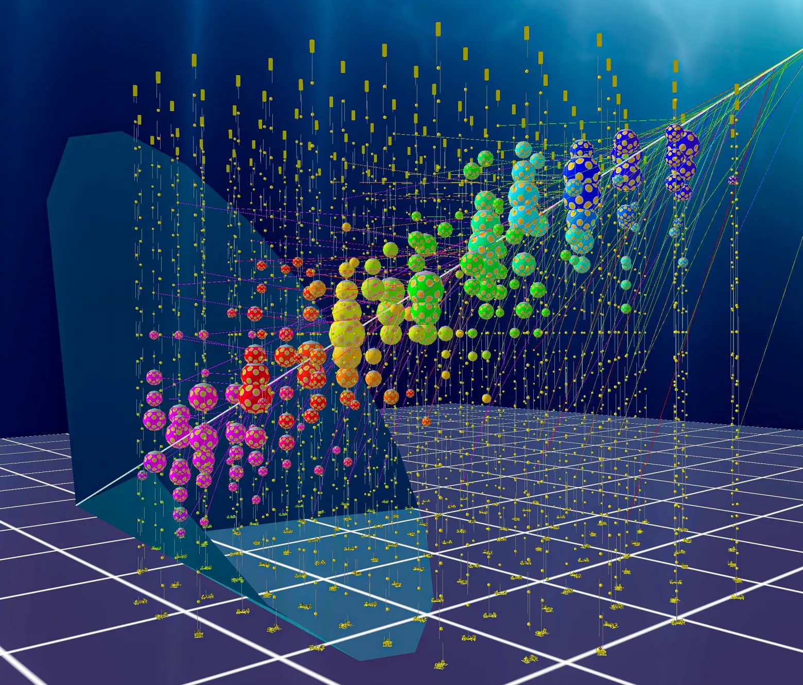 На этой визуализации показано прохождение частицы через детектор KM3NET и активация ряда оптических модулей.  