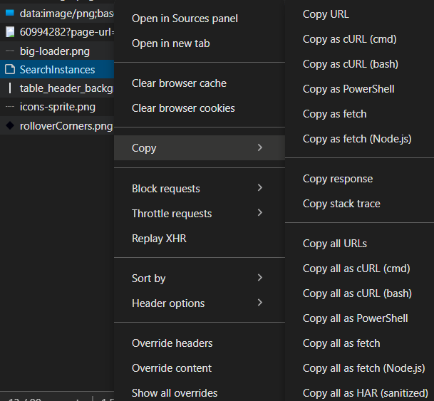 Способ скопировать запрос в curl