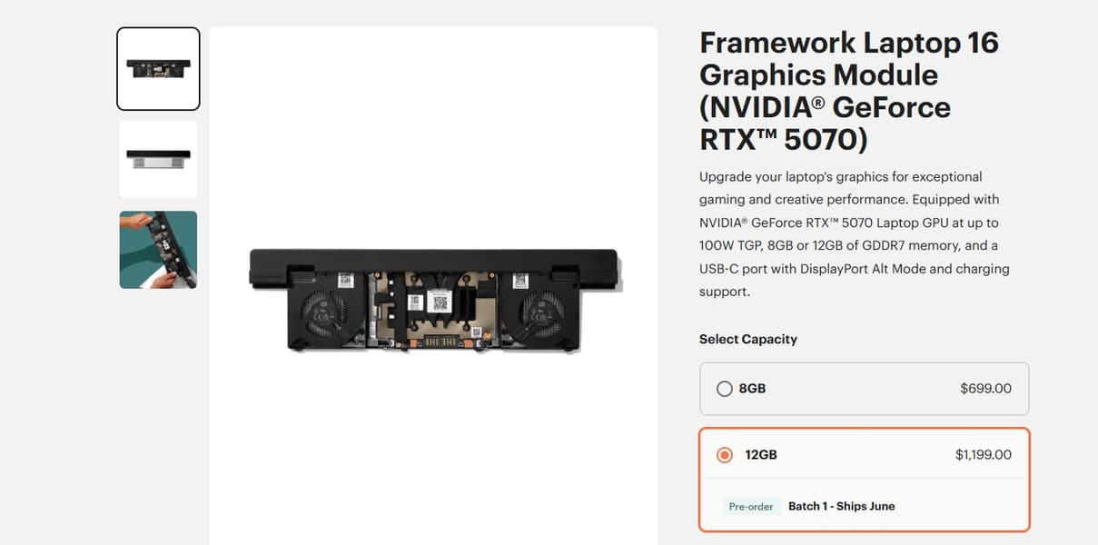 Модуль с GeForce RTX 5070 12GB Laptop стоит почти вдвое больше, чем в случае версии с 8 ГБ. Как минимум в случае предложения Framework - 1