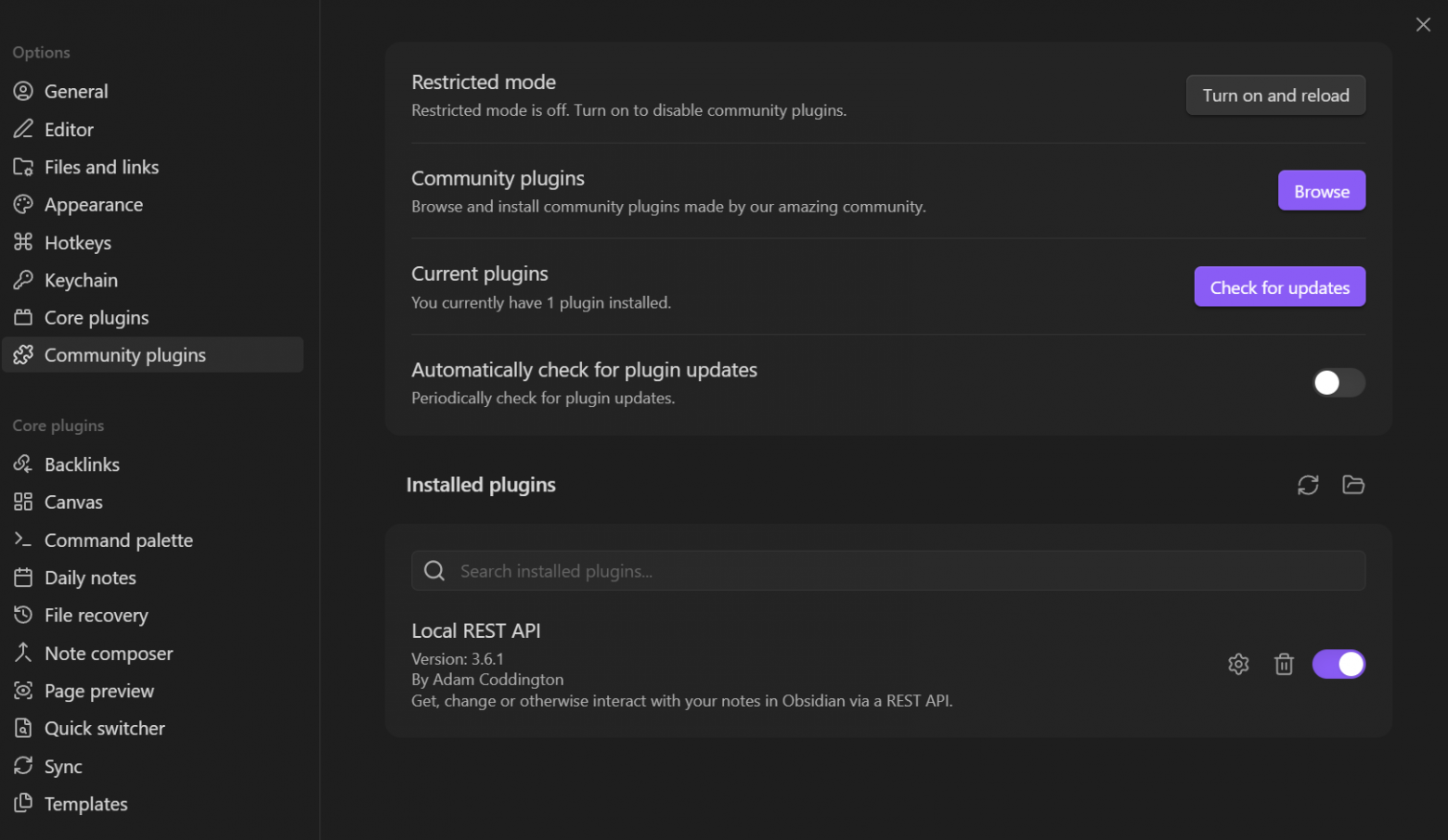 Установленный плагин Local REST API
