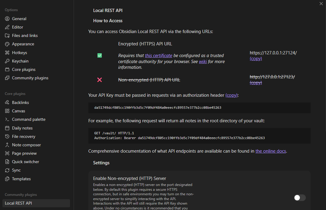 Настройка Local REST API в Obsidian