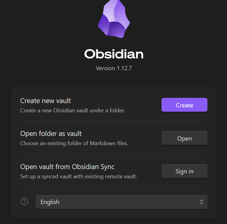 Стартовый экран Obsidian