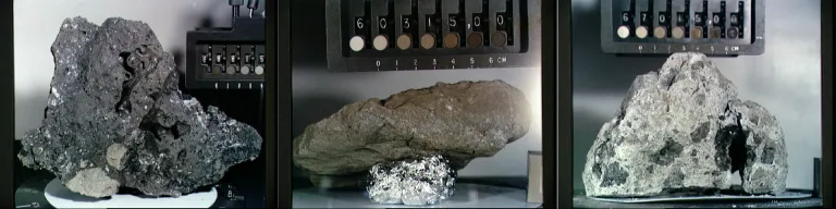 Снимок НАСА, сделанный 5 мая 1972 года, лунного образца № 68815 с «Аполлона-16» — отколовшийся фрагмент от материнского валуна. Образец почвы был взят рядом с валуном, что позволило изучить тип и скорость эрозии, воздействующей на лунные породы. Источник: НАСА/«Аполлон-16»