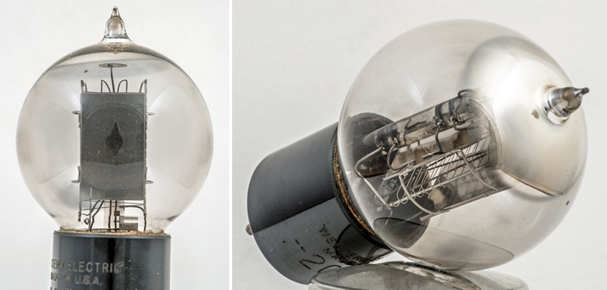 Фото 3.3. Western Electric (WE) 205D — прямонакальный НЧ триод с крупной электродной системой на стеклянном изоляторе. На куполе баллона аккуратное пятно бариевого зеркала