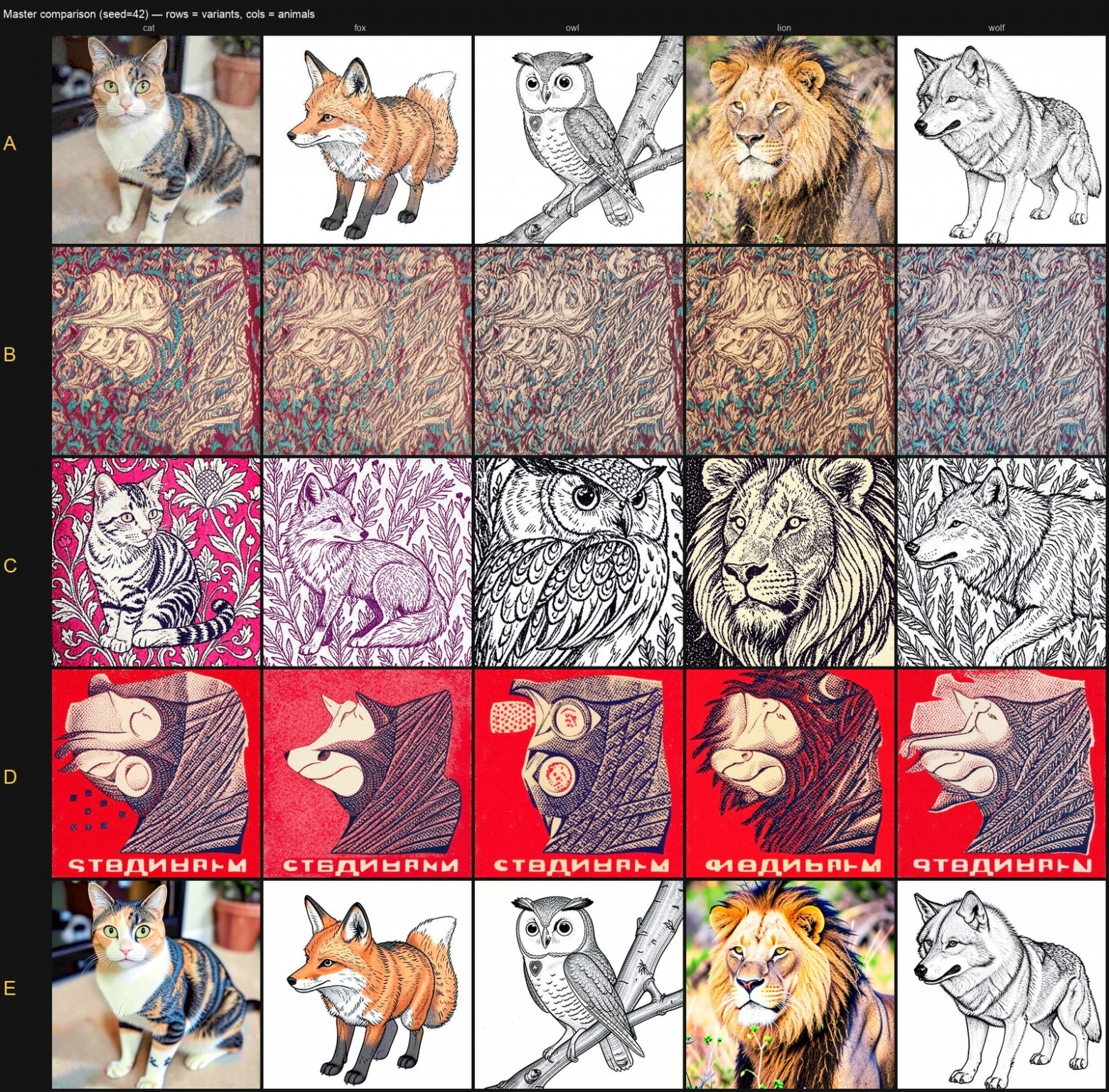 Master comparison grid, seed=42 — 5 variants × 5 animals