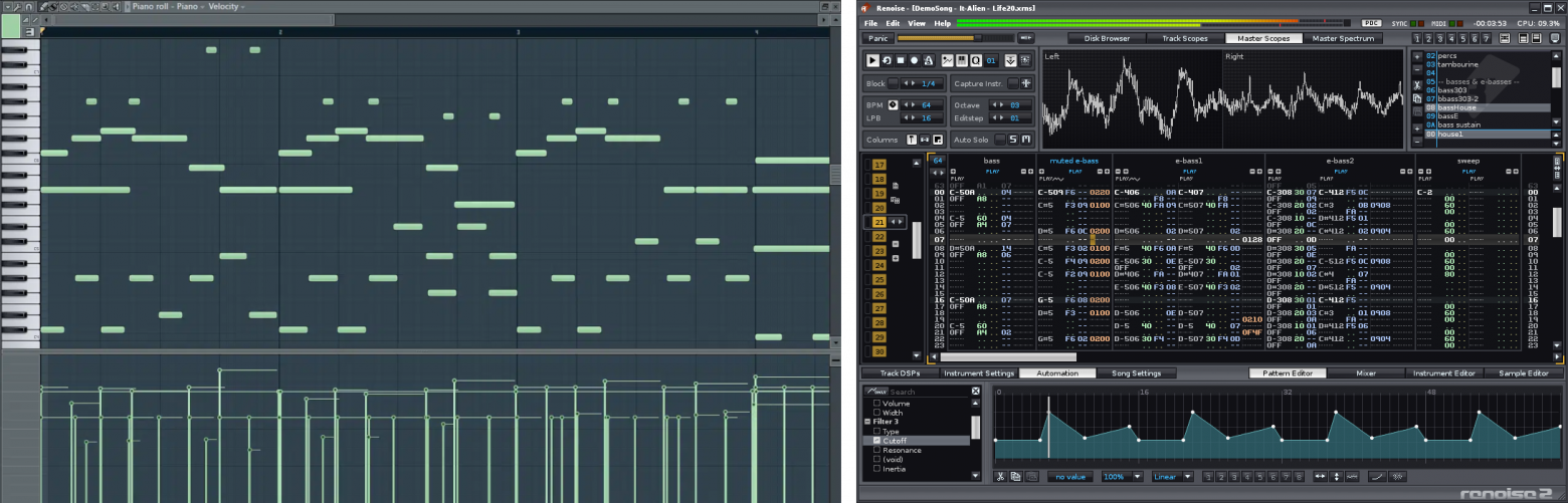 Piano roll интерфейс в FL Studio против трекерного интерфейса в Renoise