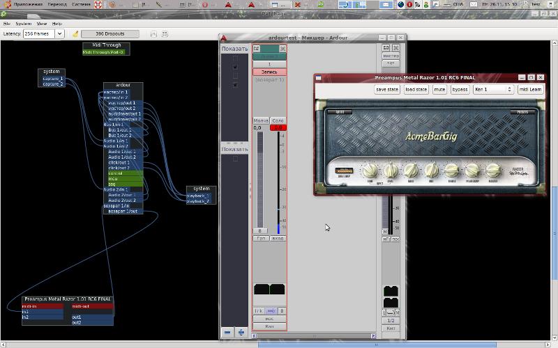 Мой скриншот от ноября 2010 с Claudia, Ardour и VST плагином AcmeBarGig Metal Razor, запущенным с fst.